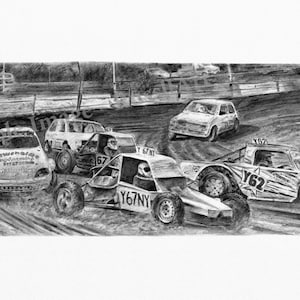 Autograss Stock Car Racing Art Print of Original Drawing MOTORSPORT from RussellArt A4 A3 or A2 print size. NASCAR Interest image 1