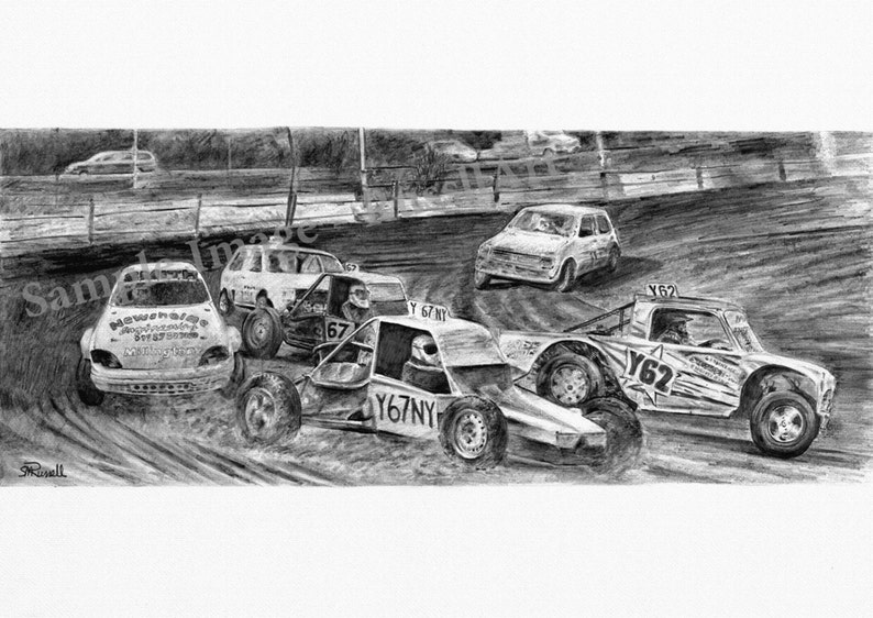 Autograss Stock Car Racing Art Print of Original Drawing MOTORSPORT from RussellArt A4 A3 or A2 print size. NASCAR Interest image 1