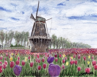 The Windmill - A4 A3 or A2 Size Holland Landscape Art Print of watercolour from RussellArt