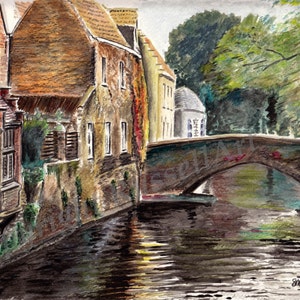 Bruges Reflections Watercolor Landscape LARGE A4 A3 or A2 Limited Edition Art Print by English Artist Stephen Russell of RussellArt image 2