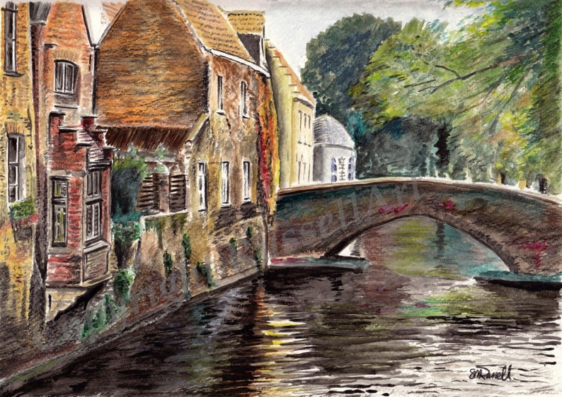 Bruges Reflections Watercolor Landscape LARGE A4 A3 or A2 Limited Edition Art Print by English Artist Stephen Russell of RussellArt image 2