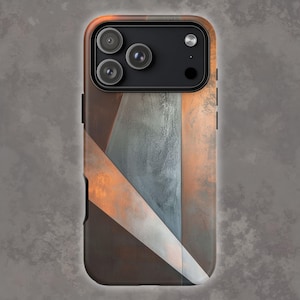 May include: A smartphone case featuring a geometric design with overlapping triangular shapes in shades of rusted orange, weathered copper, and cool gray. The surface texture appears distressed and metallic, with a black camera module cutout.