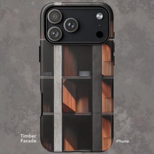 May include: Black iPhone case featuring a timber facade design. The case has a dark frame and a repeating pattern of wooden panels and concrete. The text "Timber Facade" is printed on the lower left, and "iPhone" on the lower right.