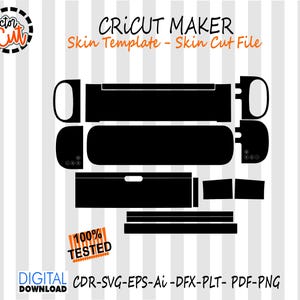 Puede incluir: Plantilla de piel Cricut Maker negra con varias formas recortadas. El diseño incluye el texto "CRICUT MAKER Skin Template - Skin Cut File" y "100% TESTED". La imagen también incluye el texto "DIGITAL DOWNLOAD CDR-SVG-EPS-Ai -DFX-PLT- PDF-PNG".