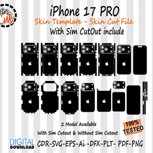 Könnte beinhalten: Schwarze iPhone 17 Pro Skin-Vorlage mit verschiedenen Aussparungen, einschließlich einer Sim Cutout-Option. Das Design umfasst mehrere Vorlagen für die Rück- und Seitenwände des Telefons, wobei das Apple-Logo auf einigen sichtbar ist. Der Text "iPhone 17 PRO" und "Skin Template" werden angezeigt.