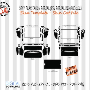 May include: Black skin template for the Sony PlayStation Portal (PS5 Portal Remote) 2023, with full wrap and simplified versions. Includes cut files for the front, back, and screen, with the text "100% TESTED".