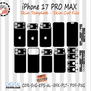 Puede incluir: Plantilla de piel negra para iPhone 17 Pro Max con varios archivos de corte. La imagen incluye múltiples diseños de paneles traseros y laterales del teléfono, con el logotipo de Apple visible en algunos. El texto incluye "iPhone 17 PRO MAX".