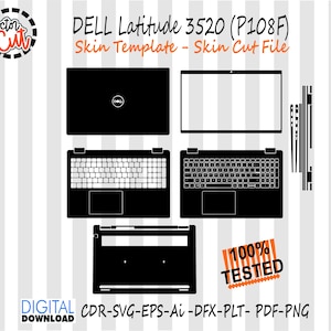 Puede incluir: Ilustración digital en blanco y negro de una plantilla de piel para Dell Latitude 3520 (P108F), que incluye vistas superior, teclado e inferior. La imagen incluye el texto "100% TESTED" y "DESCARGA DIGITAL".