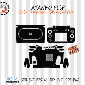 Può includere: Design digitale in bianco e nero per un modello di skin AYANEO FLIP. Il design include viste dall'alto e dal basso del dispositivo, insieme ad altri file di taglio. Il testo "100% TESTED" è visibile. Il design include anche il testo "DIGITAL DOWNLOAD CDR-SVG-EPS-Ai -DFX-PLT- PDF-PNG".