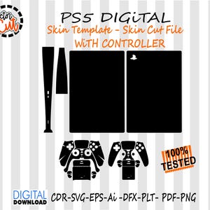 May include: Black and white digital skin template for a PS5 console and controller. The design includes cut files for the console and controller, with the text "PS5 DIGITAL Skin Template - Skin Cut File WITH CONTROLLER". The image also includes the text "100% TESTED".