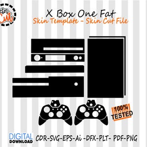 May include: A black and white digital design for an Xbox One Fat skin template, featuring console components and two controllers. The design includes the text "X Box One Fat Skin Template - Skin Cut File" and "100% Tested". File formats: CDR-SVG-EPS-Ai -DFX-PLT- PDF-PNG.