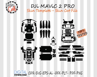 Könnte beinhalten: Schwarz-weißes DJI Mavic 2 Pro Skin-Template-Schnittmuster. Das Bild zeigt verschiedene Ausschnitte für die Drohne, Propeller und andere Komponenten. Der Text "100% Tested" ist sichtbar. Das Bild enthält auch den Text "Digital Download".