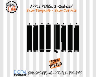 May include: A black and white graphic showing an Apple Pencil 2 skin template. The design features several black rectangular shapes with intricate edges, set against a striped background. Text includes "APPLE PENCIL 2 - 2nd GEN" and "100% TESTED".