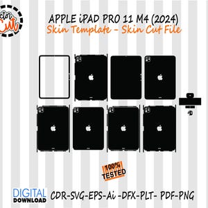 Puede incluir: Un diseño digital para una plantilla de piel de Apple iPad Pro 11 M4 (2024), que presenta varios archivos de corte en blanco y negro. El diseño incluye el texto "APPLE IPAD PRO 11 M4 (2024) Skin Template - Skin Cut File" y "100% TESTED".