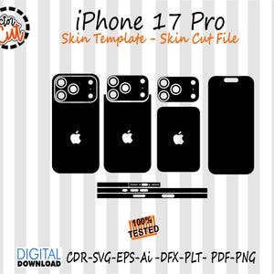 Könnte beinhalten: Schwarz-weiß iPhone 17 Pro Skin-Vorlage mit dem Apple-Logo. Das Design umfasst Schnittdateien für die Rückseite, die Kamera und die Seiten des Telefons. Der Text "iPhone 17 Pro Skin Template - Skin Cut File" ist ebenfalls enthalten.