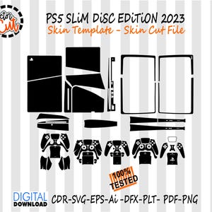 May include: A black and white digital skin template for the PS5 Slim Disc Edition 2023. The image shows cut files for the console and controllers. The text includes "Doctor Cut", "PS5 Slim Disc Edition 2023 Skin Template - Skin Cut File", "100% Tested", and "Digital Download".