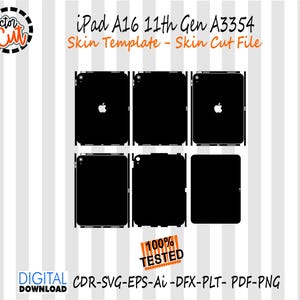 以下が含まれることがあります： iPad A16 11th Gen A3354 用の黒いスキンテンプレートカットファイル。画像には、一部にAppleのロゴが見えるiPadの黒い切り抜きがいくつか表示されています。「Doctor Cut」と「100% Tested」の文字も表示されています。