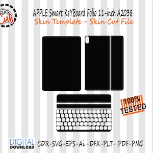 Peut inclure: Fichier de découpe numérique noir et blanc pour un Apple Smart Keyboard Folio 11 pouces A2038. Le design comprend le clavier et la housse folio. Le texte comprend "Doctor Cut", "Skin Template - Skin Cut File", et "100% Tested".
