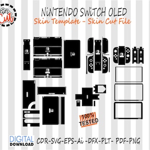 Könnte beinhalten: Schwarz-weiße Grafik eines Nintendo Switch OLED Skin-Templates mit verschiedenen Schnittdateien für Konsole und Controller. Der Text "NINTENDO SWITCH OLED Skin Template - Skin Cut File" ist zu sehen. Das Bild enthält auch den Text "100% TESTED" und "DIGITAL DOWNLOAD".