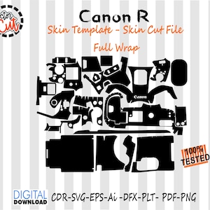 Könnte beinhalten: Schwarze Skin-Vorlage für eine Canon R Kamera mit Full-Wrap-Design. Das Bild enthält den Text "Canon R Skin Template - Skin Cut File Full Wrap" und "100% Tested". Es handelt sich um einen digitalen Download.