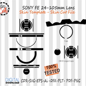May include: Black and white digital cut file template for a Sony FE 24-105mm lens. Includes various cut-out shapes for lens skin application, with text indicating "SONY" and "Cap". The image also includes the text "100% TESTED".