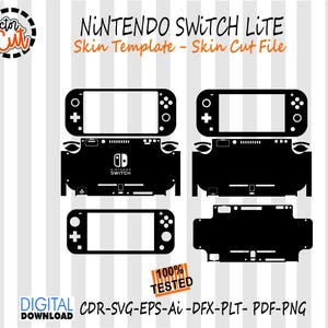 Könnte beinhalten: Schwarze Nintendo Switch Lite Skin-Vorlage mit mehreren Schnittdateien für die Konsole. Das Design umfasst Vorder-, Rück- und Seitenansichten der Konsole, mit dem Nintendo Switch-Logo. Der Text "NINTENDO SWITCH LITE Skin Template - Skin Cut File" ist ebenfalls enthalten.