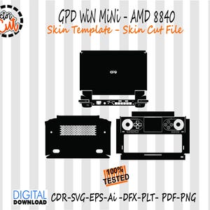May include: Black and white skin template cut files for a GPD Win Mini AMD 8840 handheld gaming PC. Includes top, bottom, and controller sections. The image also includes the text "Doctor Cut", "100% Tested", and "Digital Download".