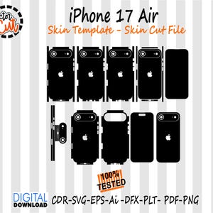 Könnte beinhalten: Schwarze iPhone 17 Air Skin-Vorlage mit verschiedenen Schnittdateien. Das Design umfasst Umrisse für die Vorder-, Rück- und Seiten des Telefons sowie das Apple-Logo. Der Text "100% getestet" und "Digitaler Download" ist ebenfalls enthalten.