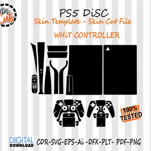 May include: Black and white graphic of a PS5 Disc skin template, including controller and console cut files. The image includes the text "PS5 Disc Skin Template - Skin Cut File WHIT CONTROLLER" and "100% TESTED".
