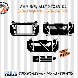 Könnte beinhalten: Schwarze Skin-Vorlage für das ASUS ROG ALLY Ryzen Z1-Gaming-Handheld. Das Design umfasst Schnittdateien für die Vorder-, Rück- und Seitenteile des Geräts. Das Bild zeigt auch den Text "100% TESTED" und "DIGITALER DOWNLOAD".