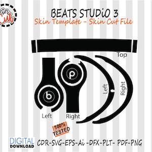 May include: Black and white skin template for Beats Studio 3 headphones. The design includes cut files for the top, left, and right sides, with the text "BEATS STUDIO 3" and "Skin Template - Skin Cut File".