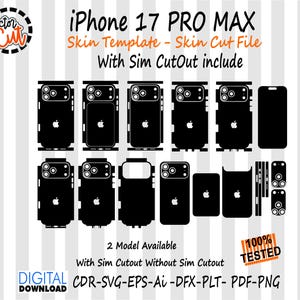 May include: Black and white iPhone 17 Pro Max skin template with various cutouts, including a Sim Cutout option. The design features multiple phone back and side panel templates, with the Apple logo visible on each. The text "iPhone 17 PRO MAX" is displayed at the top.