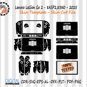 Può includere: Modello di skin in bianco e nero per il dispositivo di gioco Lenovo Legion Go 2. Il design include file di taglio per la parte anteriore, posteriore e laterale del dispositivo, con il testo "LEGION" e "100% TESTED". L'immagine include anche il testo "DIGITAL DOWNLOAD".