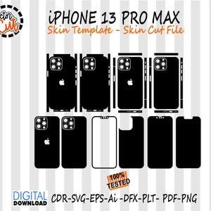 Może przedstawiać: Czarne pliki wycinania szablonu skórki iPhone 13 Pro Max. Zawiera różne projekty skórek do telefonów, niektóre z logo Apple. Wyświetlany jest tekst "IPHONE 13 PRO MAX Skin Template - Skin Cut File".