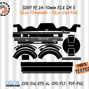Op de afbeelding: Zwart-wit skin template snijbestand voor een Sony FE 24-70mm F2.8 GM II lens. Het ontwerp bevat verschillende uitgesneden vormen en de tekst "SONY" op een lensdop. De afbeelding bevat ook de tekst "100% TESTED".