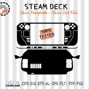 May include: Black and white Steam Deck skin template with the text "STEAM DECK Skin Template - Skin Cut File". The image includes the text "100% TESTED" and "DIGITAL DOWNLOAD CDR-SVG-EPS-Ai -DFX-PLT- PDF-PNG". The Doctor Cut logo is in the upper left corner.