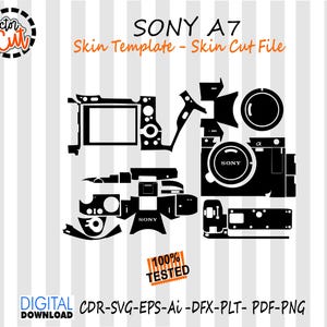 May include: Black and white digital cut file for a Sony A7 camera skin. The design includes various cut-out shapes for the camera body, lens, and other components. The image also features the text "SONY A7" and "Skin Template - Skin Cut File."