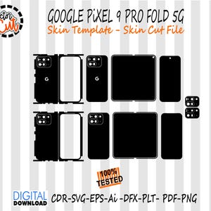 May include: Black and white digital cut file templates for a Google Pixel 9 Pro Fold 5G phone skin. The image includes various phone component outlines, the text "GOOGLE PIXEL 9 PRO FOLD 5G Skin Template - Skin Cut File", and the "Doctor Cut" logo.