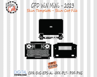 May include: Black and white digital cut file for a GPD Win Mini 2023 skin template. The image shows the top, bottom, and keyboard layout of the device. The text "GPD WIN MINI - 2023 Skin Template - Skin Cut File" is displayed.