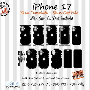 Könnte beinhalten: Schwarze iPhone 17 Skin-Template-Schnittdateien. Enthält Designs mit und ohne SIM-Ausschnitt. Der Text "iPhone 17 Skin Template - Skin Cut File With Sim Cutout include" ist ebenfalls enthalten.