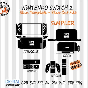 May include: Black and white Nintendo Switch 2 skin template with console, dock, adapter, and Joy-Con designs. Includes the text "NINTENDO SWITCH 2 Skin Template - Skin Cut File" and "SIMPLER". Also includes the text "100% TESTED".