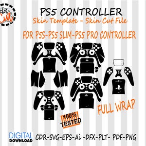 Könnte beinhalten: Schwarze PS5-Controller-Skin-Vorlage mit verschiedenen Schnittdateien für PS5-, PS5 Slim- und PS5 Pro-Controller. Enthält den Text "PS5 CONTROLLER Skin Template - Skin Cut File" und "FULL WRAP".