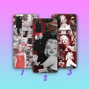 May include: Three phone cases with Marilyn Monroe designs. Case 1 has a collage of images and text, including "Honey" and "Classica Romance." Case 2 features a black and white photo of Monroe with the text "OTTER AN HELL" and "LOVE." Case 3 has a collage with the text "BABY."