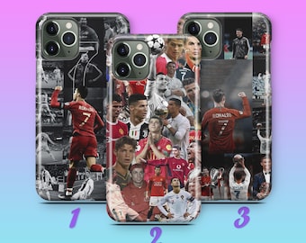 Puede incluir: Tres fundas para teléfono con un collage de imágenes de un futbolista. Las fundas son transparentes con un acabado brillante. Las imágenes son en blanco y negro y en color, mostrando al jugador en varias poses y uniformes.