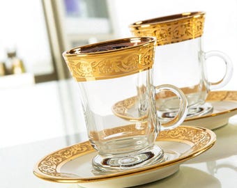 Luxury Turkish Tea Set: 24K Gold, Sandblasted Glass, 12-piece - Etsy
