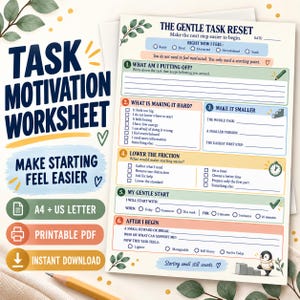 以下が含まれることがあります： The Gentle Task Resetというタイトルのタスクモチベーションワークシート。このドキュメントには、タスクを細分化するためのチェックボックスとプロンプトを備えた6つの番号付きセクションがあり、日付、感情、小さな報酬を記入する欄が含まれています。