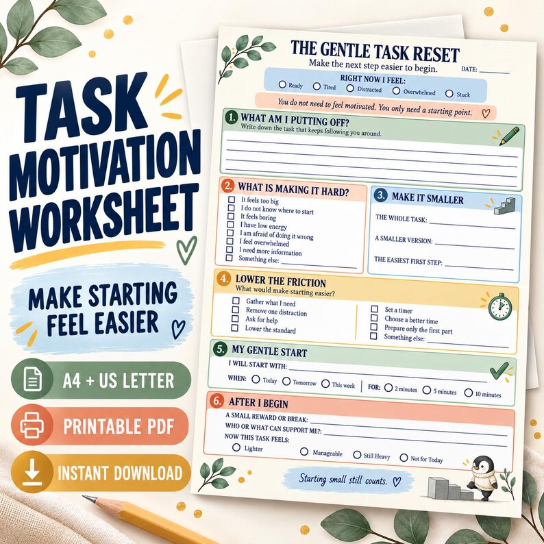 以下が含まれることがあります： The Gentle Task Resetというタイトルのタスクモチベーションワークシート。このドキュメントには、タスクを細分化するためのチェックボックスとプロンプトを備えた6つの番号付きセクションがあり、日付、感情、小さな報酬を記入する欄が含まれています。
