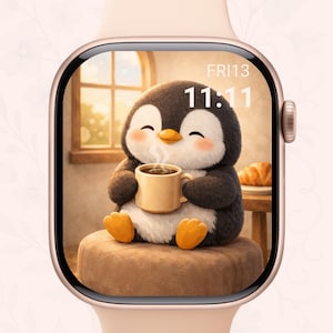 Puede incluir: Pantalla de reloj inteligente que muestra un pingüino de dibujos animados sosteniendo una taza de café. El pingüino es negro, blanco y naranja, con una cara sonriente. La hora es 11:11 y la fecha es viernes 13. El reloj tiene una correa rosa claro.