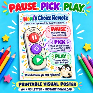 May include: A printable visual poster titled Nomi's Choice Remote featuring a remote control illustration with red, purple, and green buttons. Text includes PAUSE, PICK, PLAY, and instructions for each. A small penguin illustration is included.