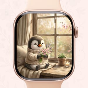 May include: A digital watch face displays a charming penguin wearing a sweater, holding flowers, and sitting by a window. The background shows a window with a view of a garden, a small potted plant, and a lit candle.